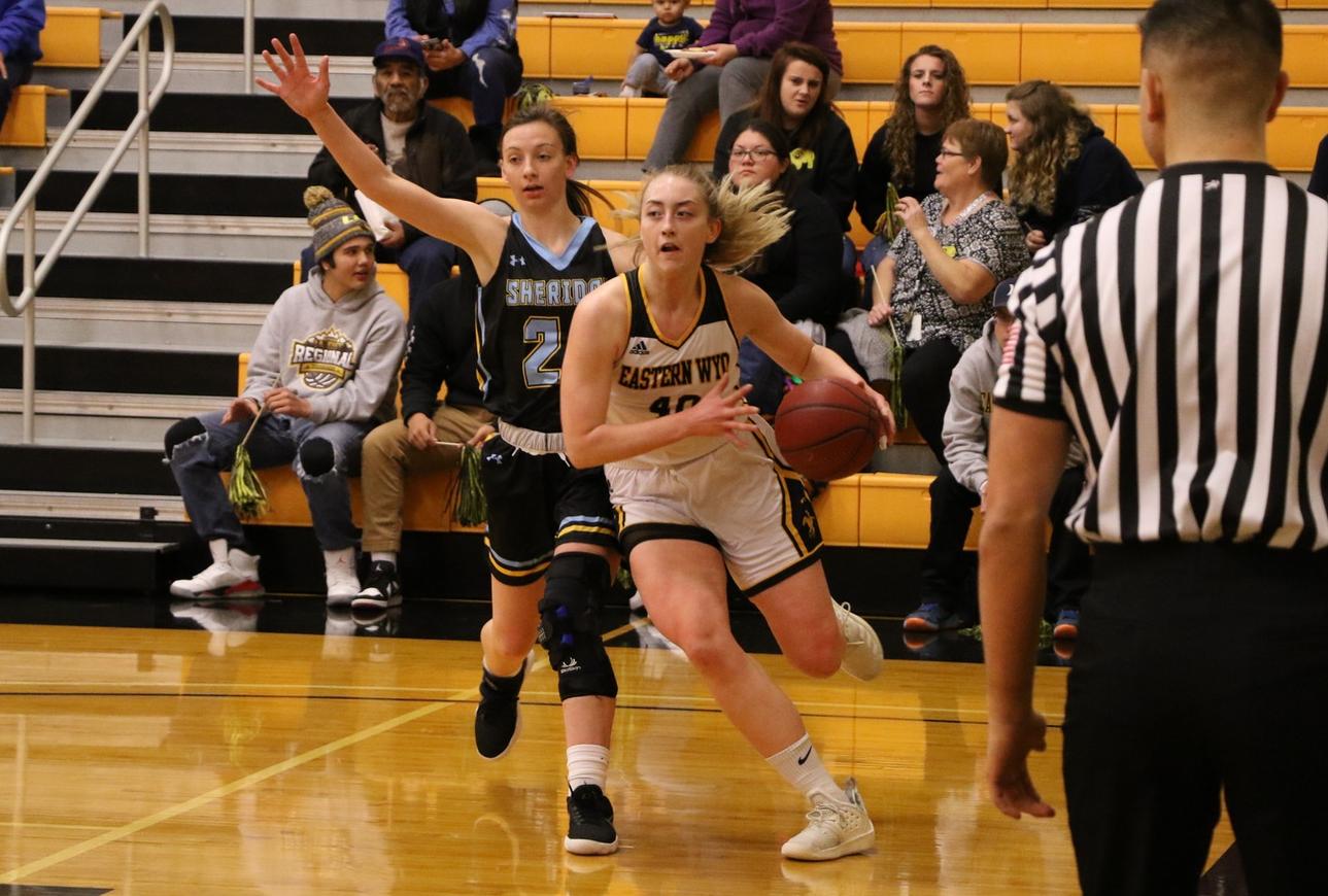 Eastern Wyoming College freshman Emilia Axelsson drives along the baseline during the Lancers' home win against Sheridan on Jan. 29, 2020.